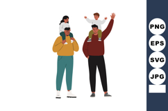 Two men carrying children on shoulders casual family outing Product Image 1