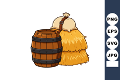 Wooden barrel with haystack and sack vector illustration for Product Image 1