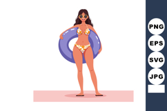 Woman in floral bikini holding purple swim ring summer beach Product Image 1