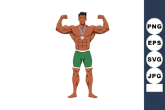 Muscular man flexing muscles wearing silver medal and green Product Image 1