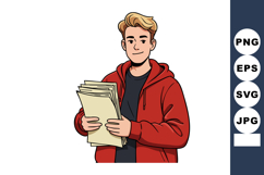 Young man holding stack of papers wearing red hoodie casual Product Image 1