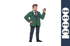 Businessman in green jacket waving hand with confident smile Product Image 1