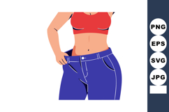 Woman showing weight loss with loose blue jeans and red spor Product Image 1