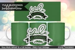 Yule Blessings Mug Full Wrap Christmas Design in green, black and white