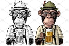 Monkey holding glass of beer Vintage black color engraving Product Image 1