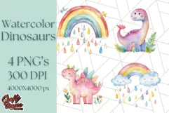 Watercolor Dinosaur and Rainbow PNG Clipart, Baby Nursery Product Image 1