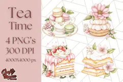 Pastel Tea Clip Art PNG with Sweets and Floral Accents Product Image 1