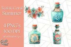 Coral and Aqua Summer Clipart PNG Pastel Tropical Icons Product Image 1