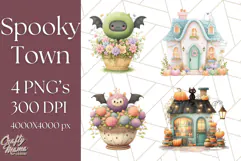 Pastel Halloween Town PNG Clipart, Spooky Shops & Homes Png Product Image 1