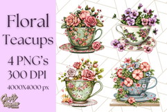 Vintage Floral Teacup Clipart PNG, Blooming Teacups Clip Art Product Image 1