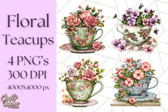 Vintage Floral Teacup Clipart PNG, Blooming Teacups Clip Art Product Image 1