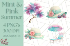 Pink and Mint Summer Clipart PNG Beach Icons, Summer Fun Png Product Image 1