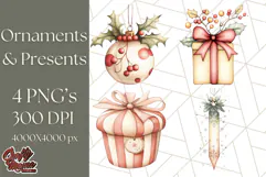Vintage Christmas Ornaments and Presents PNG Holiday Clipart Product Image 1