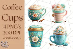 Pastel Coffee Mug Clipart PNG, Latte Iced Coffee Tea Cups Product Image 1