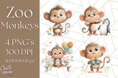 Zoo Monkeys Clipart, Cute Cartoon Jungle Monkeys PNG Product Image 1