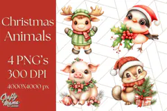 Vintage Christmas Clipart PNG, Cute Animals Holiday Elements Product Image 1