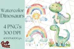 Watercolor Dinosaur and Rainbow PNG Clipart, Baby Nursery Product Image 1