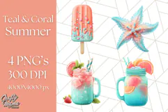 Coral and Aqua Summer Clipart PNG Pastel Tropical Icons Product Image 1