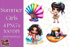 Chibi Summer Girls Clipart PNG, Bright Kawaii Summer Art Product Image 1