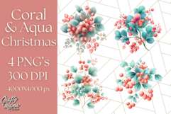 Coral and Aqua Christmas Clipart PNG, Pastel Holiday Art Product Image 1