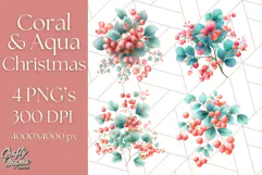 Coral and Aqua Christmas Clipart PNG, Pastel Holiday Art Product Image 1