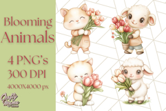 Cute Animals with Tulips PNG, Spring Flower Clipart Download Product Image 1
