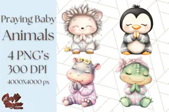 Praying Baby Animals in Pajamas Clipart, Sleepy Animal Png Product Image 1
