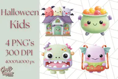 Kawaii Halloween Clipart Cute Kids and Candy Elements Png Product Image 1