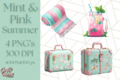 Pink and Mint Summer Clipart PNG Beach Icons, Summer Fun Png Product Image 1