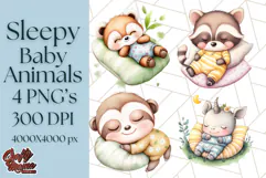 Sleeping Baby Animals PNG, Cozy Pajama Bedtime Clipart Png Product Image 1