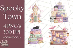 Pastel Halloween Town PNG Clipart, Spooky Shops & Homes Png Product Image 1
