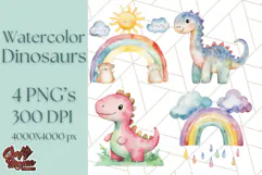 Watercolor Dinosaur and Rainbow PNG Clipart, Baby Nursery Product Image 1