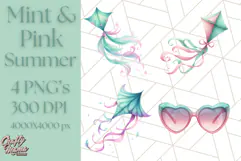 Pink and Mint Summer Clipart PNG Beach Icons, Summer Fun Png Product Image 1