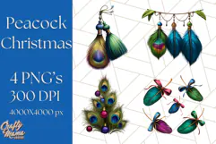 Peacock Christmas Clipart in Jewel Tones, Christmas Png Product Image 1