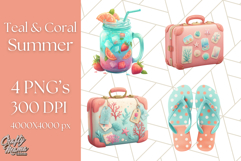 Coral and Aqua Summer Clipart PNG Pastel Tropical Icons Product Image 1
