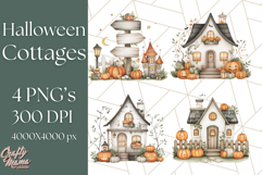 Watercolor Halloween Cottage Clipart, Ghosts &amp; Pumpkins Png Product Image 1