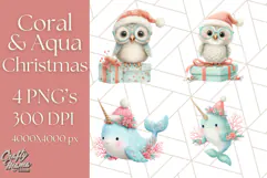 Coral and Aqua Christmas Clipart PNG, Pastel Holiday Art Product Image 1