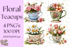 Vintage Floral Teacup Clipart PNG, Blooming Teacups Clip Art Product Image 1
