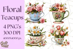 Vintage Floral Teacup Clipart PNG, Blooming Teacups Clip Art Product Image 1