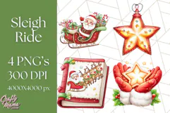 Santa Sleigh Ride Clipart PNG, Flying Reindeer Christmas Art Product Image 1