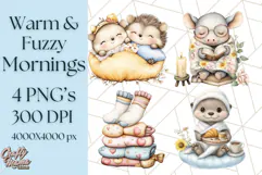 Warm & Fuzzy Mornings PNG Clipart, Cozy Animal Art Download Product Image 1