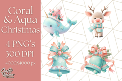 Coral and Aqua Christmas Clipart PNG, Pastel Holiday Art Product Image 1
