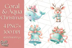 Coral and Aqua Christmas Clipart PNG, Pastel Holiday Art Product Image 1