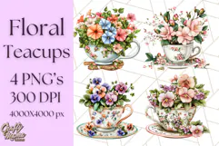 Vintage Floral Teacup Clipart PNG, Blooming Teacups Clip Art Product Image 1