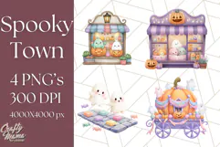 Pastel Halloween Town PNG Clipart, Spooky Shops & Homes Png Product Image 1