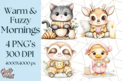 Warm & Fuzzy Mornings PNG Clipart, Cozy Animal Art Download Product Image 1