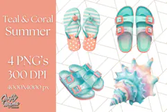 Coral and Aqua Summer Clipart PNG Pastel Tropical Icons Product Image 1