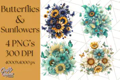 Sunflower and Butterfly PNG Clipart, Bright Jewel Tones Png Product Image 1