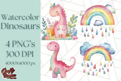 Watercolor Dinosaur and Rainbow PNG Clipart, Baby Nursery Product Image 1