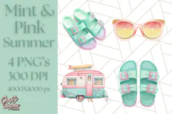 Pink and Mint Summer Clipart PNG Beach Icons, Summer Fun Png Product Image 1